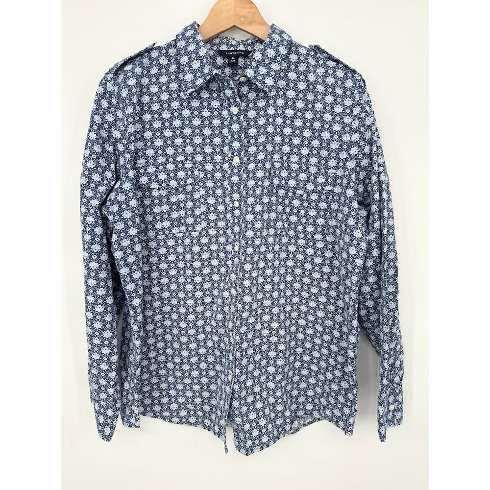 Lands' End Women's Blue Floral Printed Button Up Long Sleeve Casual Shirt XL